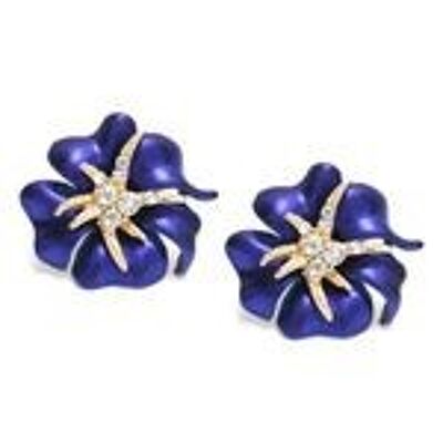 Boucles D'oreilles Clip Fleur D'hibiscus Bleu Avec Cristaux Vissés