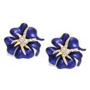 Boucles D'oreilles Clip Fleur D'hibiscus Bleu Avec Cristaux Vissés 1