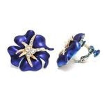 Boucles D'oreilles Clip Fleur D'hibiscus Bleu Avec Cristaux Vissés 2