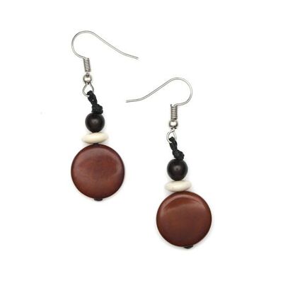 Boucles d'Oreilles Pendantes Rondes en Tagua Marron et Perles