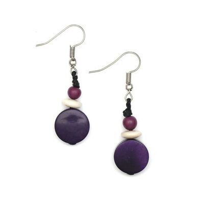 Aretes colgantes de disco y abalorios de tagua morada redonda