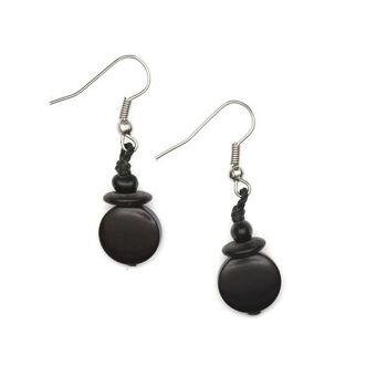 Boucles d'Oreilles Pendantes Disque Tagua Rond Noir et Perles