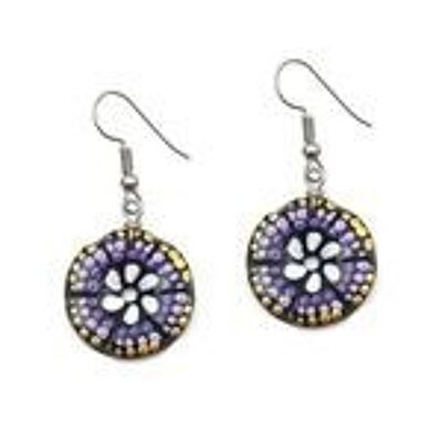 White Flower With Golden and Purple Dots Coconut Shell Drop Earrings