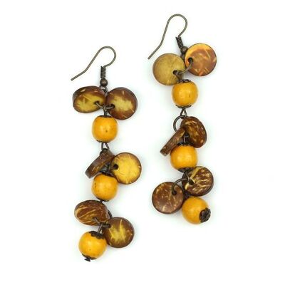 Boucles D'oreilles Pendantes Disques De Noix De Coco Jaune Avec Perles En Bois