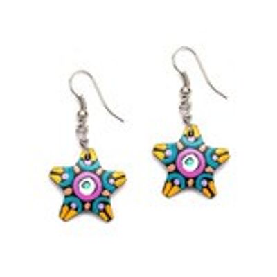 Boucles d'oreilles en forme de coquille de noix de coco avec des cercles blancs et violets vibrants