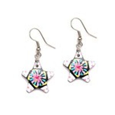 Handpainted white star and pink flower coconut shell drop earrings