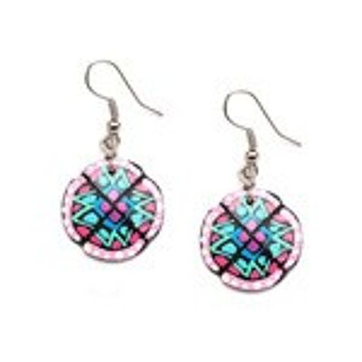 Hand painted vibrant green and pink flower coconut shell drop earrings