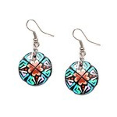 Hand painted vibrant brown flower coconut shell drop earrings
