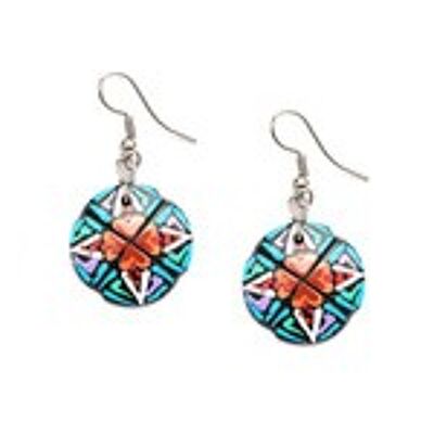 Hand painted vibrant flower with blue element coconut shell drop earrings