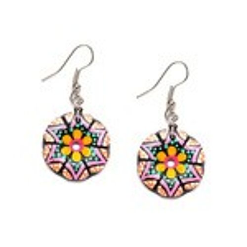 Hand painted vibrant yellow flower and fun spots coconut shell drop earrings