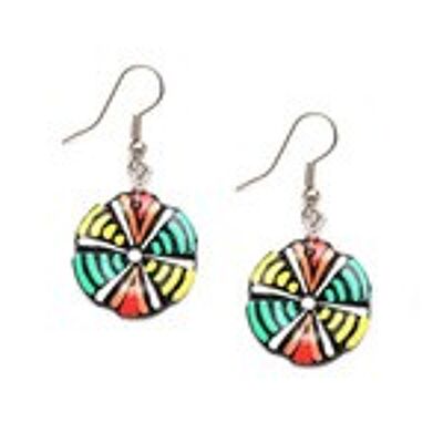 Handpainted yellow and green wave flower coconut shell drop earrings