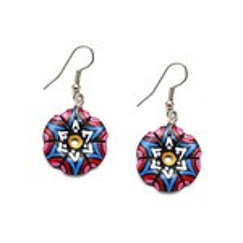 Hand painted vibrant blue and pink flower coconut shell drop earrings