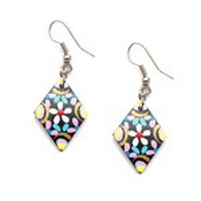 Hand painted vibrant pink and white flowers diamond shape coconut shell drop earrings