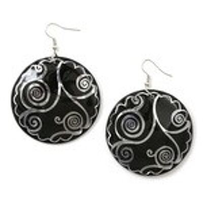 Black shell disc with silver-tone swirl motif round dangle earrings