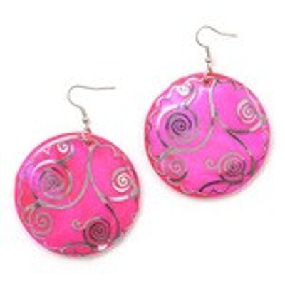 Boucles d'oreilles pendantes rondes disque coquillage magenta avec motif tourbillon argenté