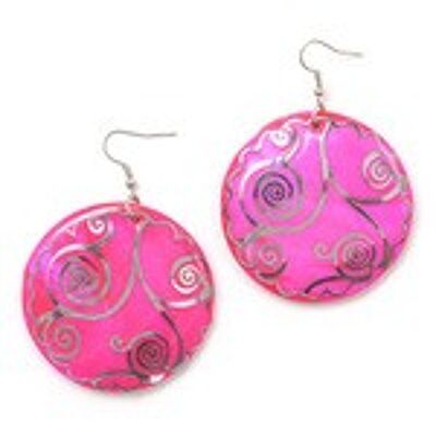 Magenta shell disc with silver-tone swirl motif round dangle earrings