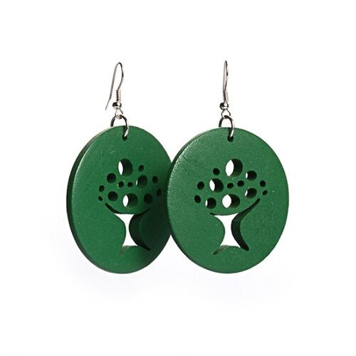 Green Tree of Life cut out design wooden hoop drop earrings