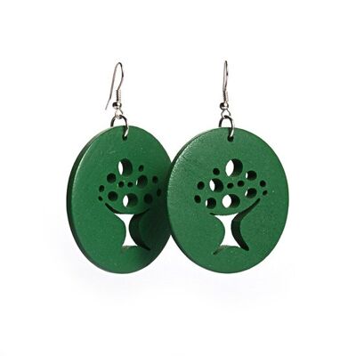 Green Tree of Life cut out design wooden hoop drop earrings