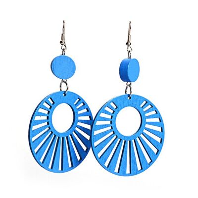 Boucles d'oreilles pendantes créoles en bois design rayons de soleil bleus