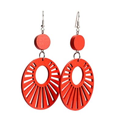 Boucles d'oreilles pendantes créoles en bois design rayons de soleil rouges découpés
