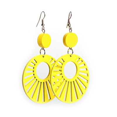 Yellow sunbeams cut out design wooden hoop drop earrings