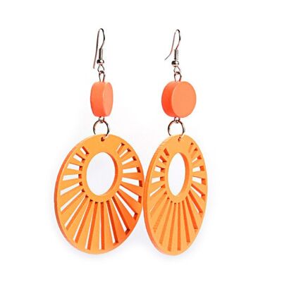 Boucles d'oreilles pendantes créoles en bois design rayons de soleil orange