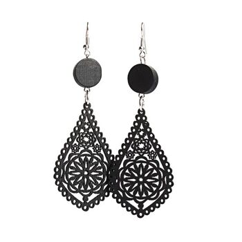 Boucles d'oreilles pendantes en bois de conception artistique en forme de larme en filigrane noir