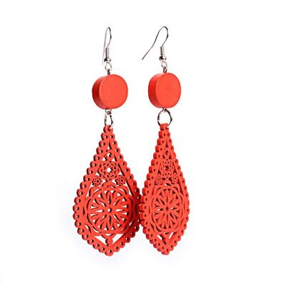 Boucles d'oreilles pendantes en bois de conception artistique en forme de larme en filigrane rouge