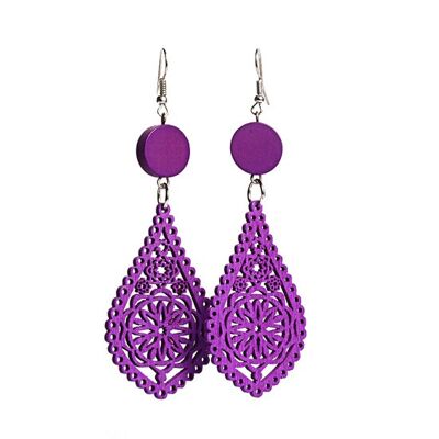 Boucles d'oreilles pendantes en bois de conception artistique en forme de larme en filigrane violet