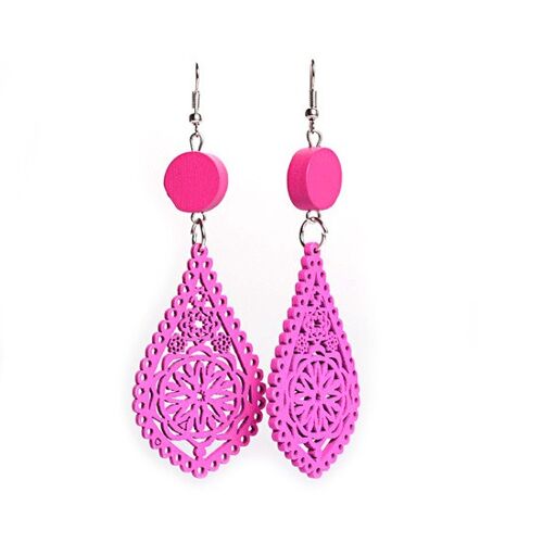 Magenta filigree teardrop artistic cut out design wooden dangle earrings