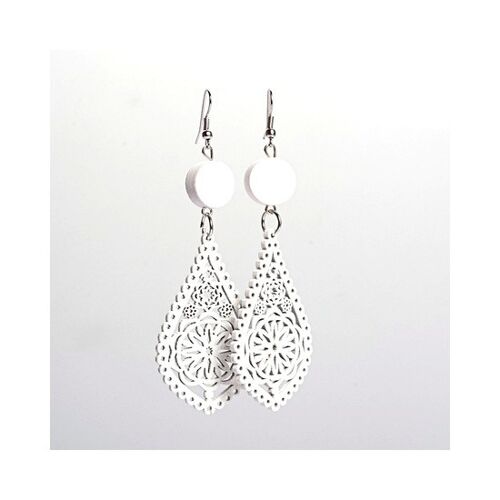 White filigree teardrop artistic cut out design wooden dangle earrings