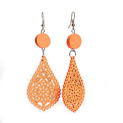 Boucles d'oreilles pendantes en bois de conception artistique en forme de larme en filigrane orange