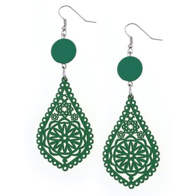 Boucles d'oreilles pendantes en bois de conception artistique en forme de larme en filigrane vert