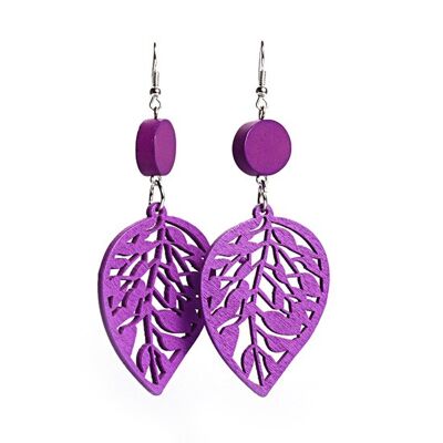 Boucles d'oreilles pendantes en bois de feuilles découpées violettes
