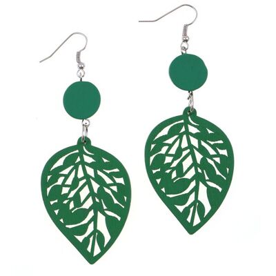 Boucles d'oreilles pendantes en bois vert découpé design feuille
