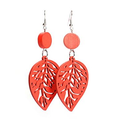 Boucles d'oreilles pendantes en bois feuille découpée rouge