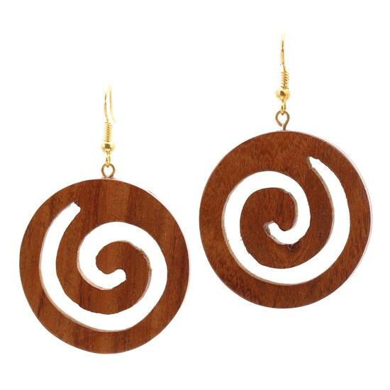 Pendientes colgantes en espiral hechos a mano con madera de sheesham (6 cm de largo)