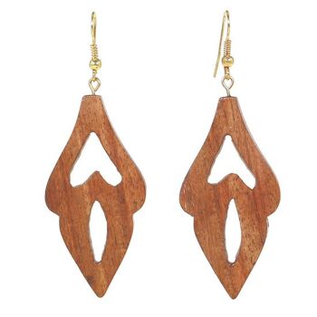 Boucles d'oreilles pendantes feuilles à double découpe, en bois de Sesham (7,2cm de long)