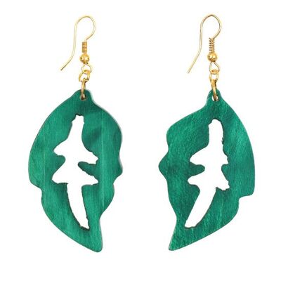 Boucles d'Oreilles Pendantes Formes de Feuilles en Bois Vert avec Découpes (longueur 7cm)