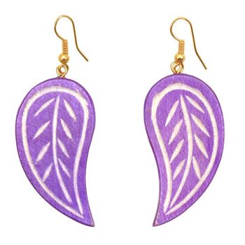 Feuilles de bois violettes avec gravure Boucles d'oreilles pendantes (longueur 6 cm)