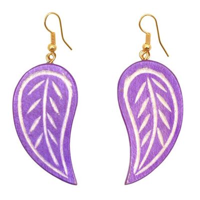 Purple Wooden Leaves with Engraving Drop Earrings (6cm length)