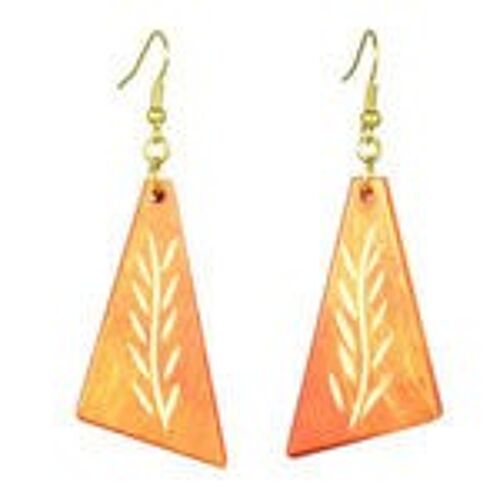 Orange Triangular Wooden Drop Earrings with Plant Engraving (7cm length)