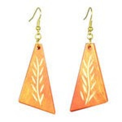 Orangefarbene dreieckige Holz-Ohrhänger mit Pflanzengravur (7 cm lang)