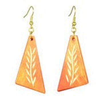 Boucles d'oreilles pendantes triangulaires en bois orange avec gravure végétale (longueur 7 cm) 1