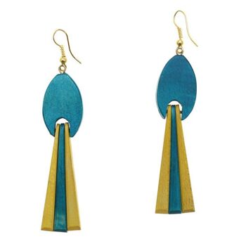 Boucles d'oreilles pendantes en bois à pampille turquoise-jaune (8,5 cm de long)