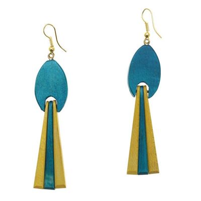Boucles d'oreilles pendantes en bois à pampille turquoise-jaune (8,5 cm de long)