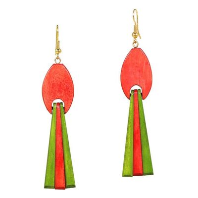 Pendientes colgantes de madera con borlas naranja y verde (8,5 cm de largo)