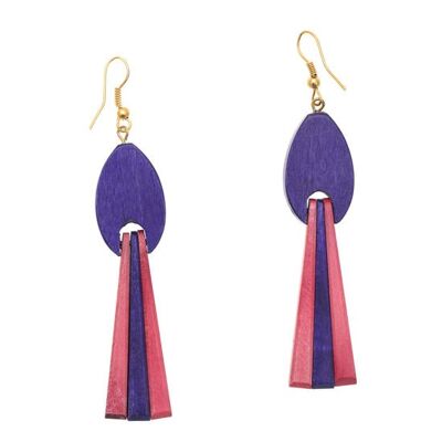 Boucles d'oreilles pendantes en bois à pampilles violet-rose (8,5 cm de long)