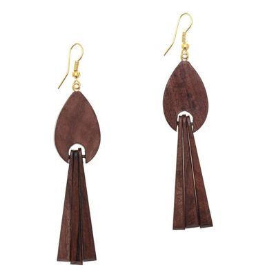 Boucles d'oreilles pompon en bois en bois de Sesham (8,5 cm de long)