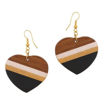 Boucles d'Oreilles Pendantes Coeur en Bois Rayé (5.5cm de long)